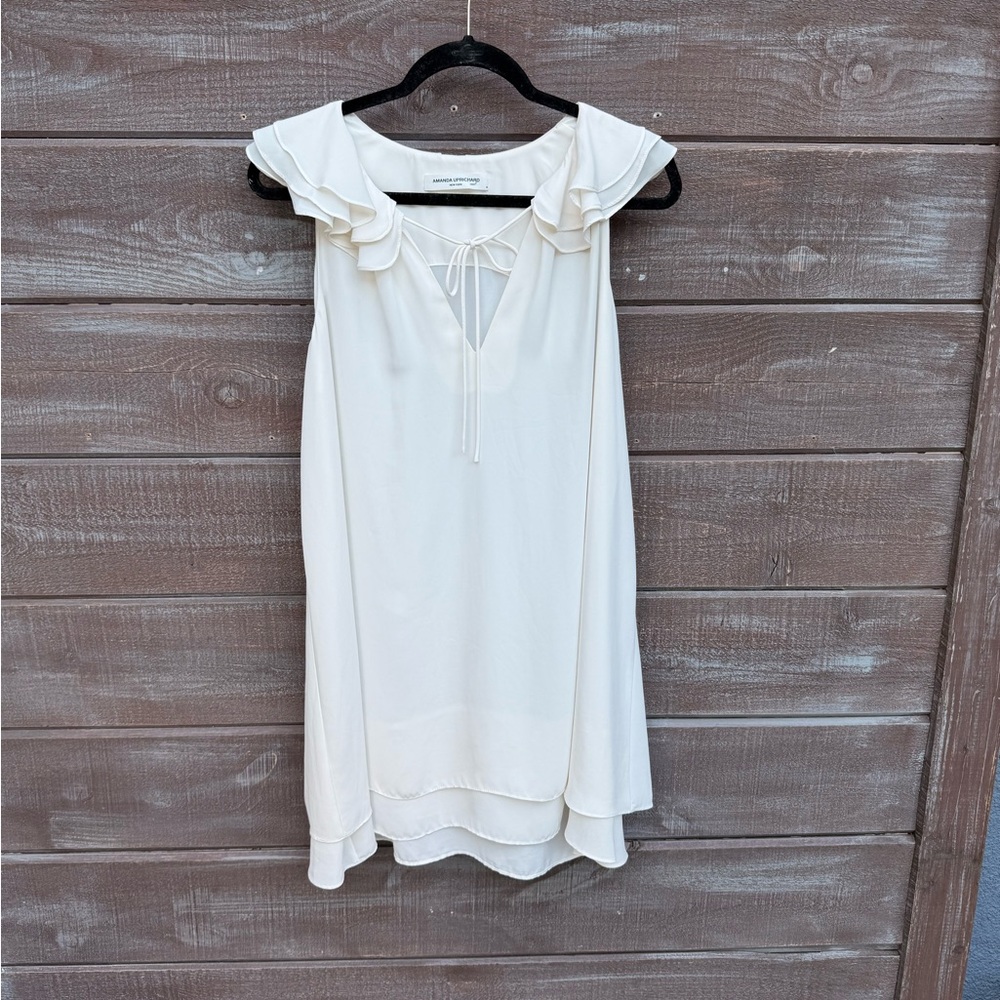 Amanda Uprichard Ivory Ruffle Poet Tie Neck Shift Dress Layered Hem Size M